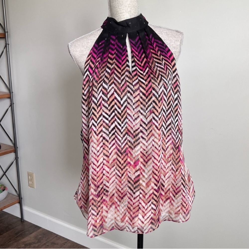 WHBM Chiffon blouse, neck tie, chevron print with glimmer. Great for holidays.